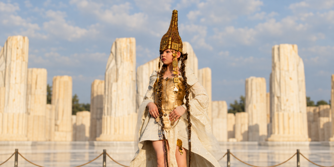 A young model poses in Volskaya Atelier's contemporary interpretation of traditional Kazakh attire. Photo courtesy of Volskaya Atelier.