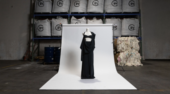 Bags of garments and textile feedstock at Circ's Danville, Virginia facility, staged ahead of the company's hydrothermal recycling process, which separates polycotton blends into new polyester and cellulosic fibers for reuse. Photo by Circ