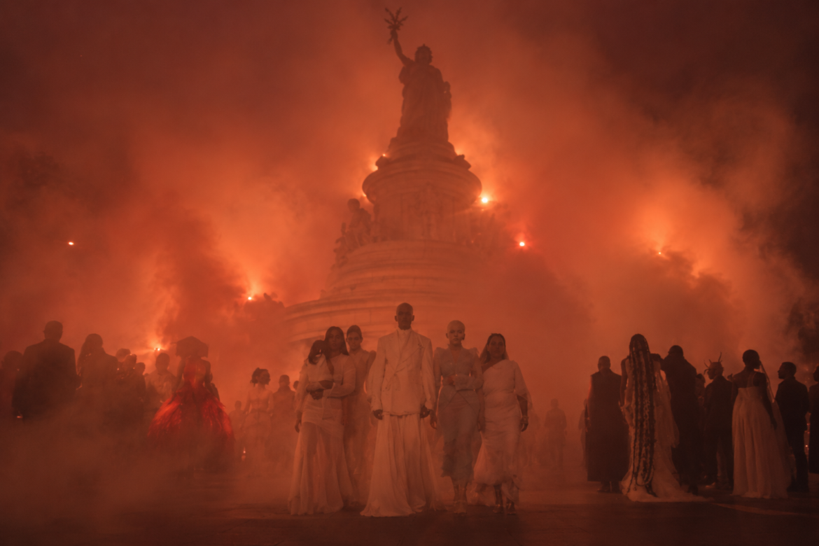 AI-generated editorial image inspired by the atmosphere of Matières Fécales’ The 99 Percent presentation at Place de la République