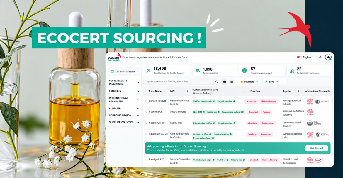 Ecocert Sourcing, the certification group's new digital platform, provides cosmetic brands and suppliers with access to independently verified sustainability data covering more than 18,000 ingredients. Image credit: Courtesy of Ecocert Group.