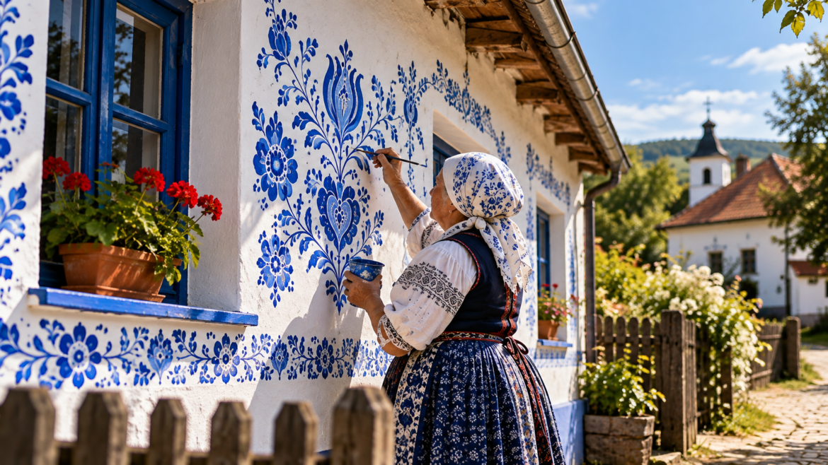 An artistic interpretation of a Moravian malérečka hand-painting traditional blue floral ornament on a whitewashed village house. The practice has historically been transmitted between generations of women. AI-generated illustration for The Fashion Issue